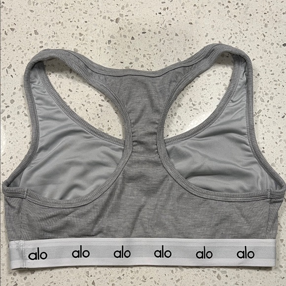 ALO Yoga Grey Ribbed Racerback Sports Bra with Logo Band - Picture 2 of 4
